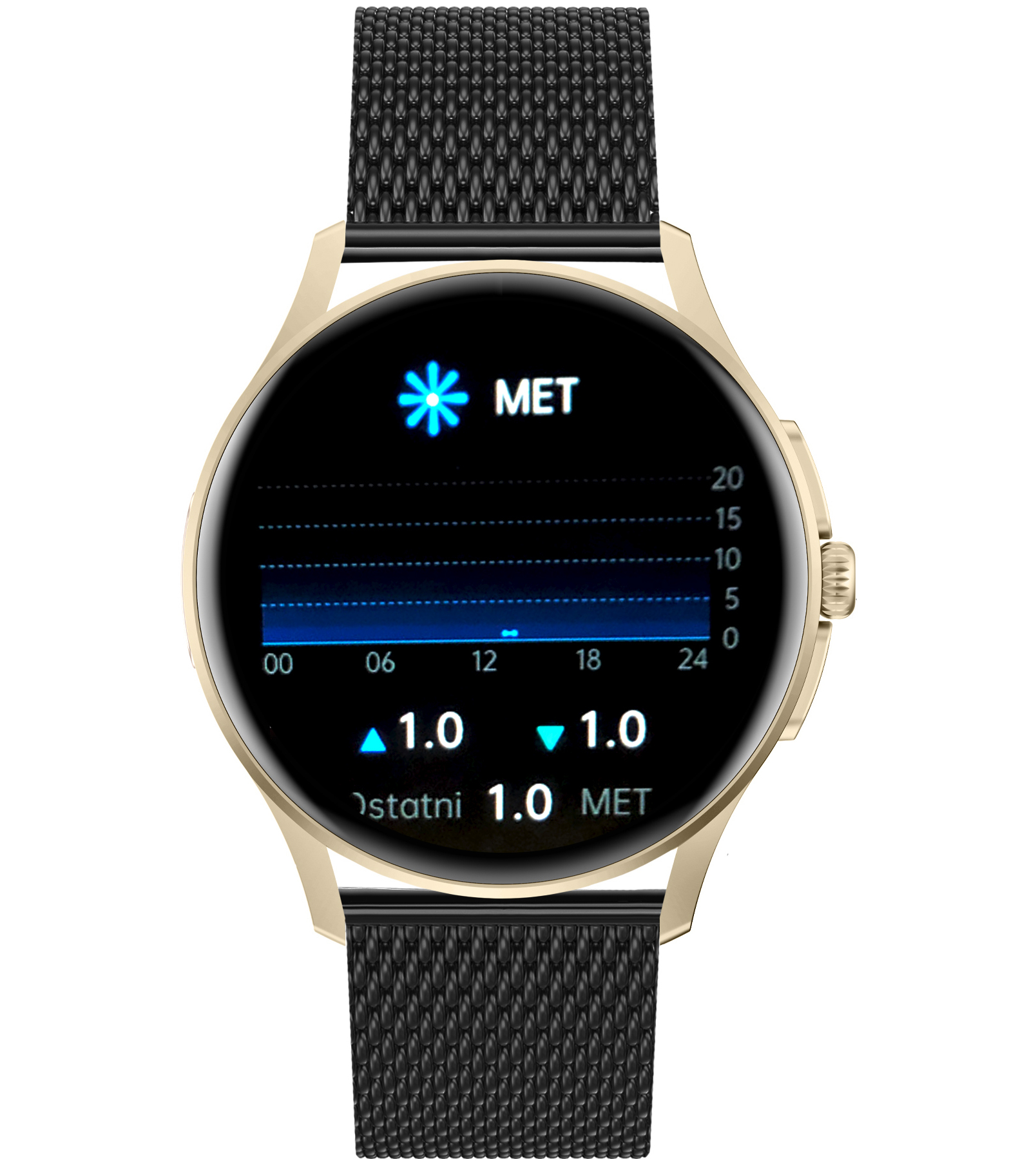 Damski smartwatch Enter Candice na czarnej bransolecie mesh z dostępną funkcją monitora stresu widoczną na tarczy