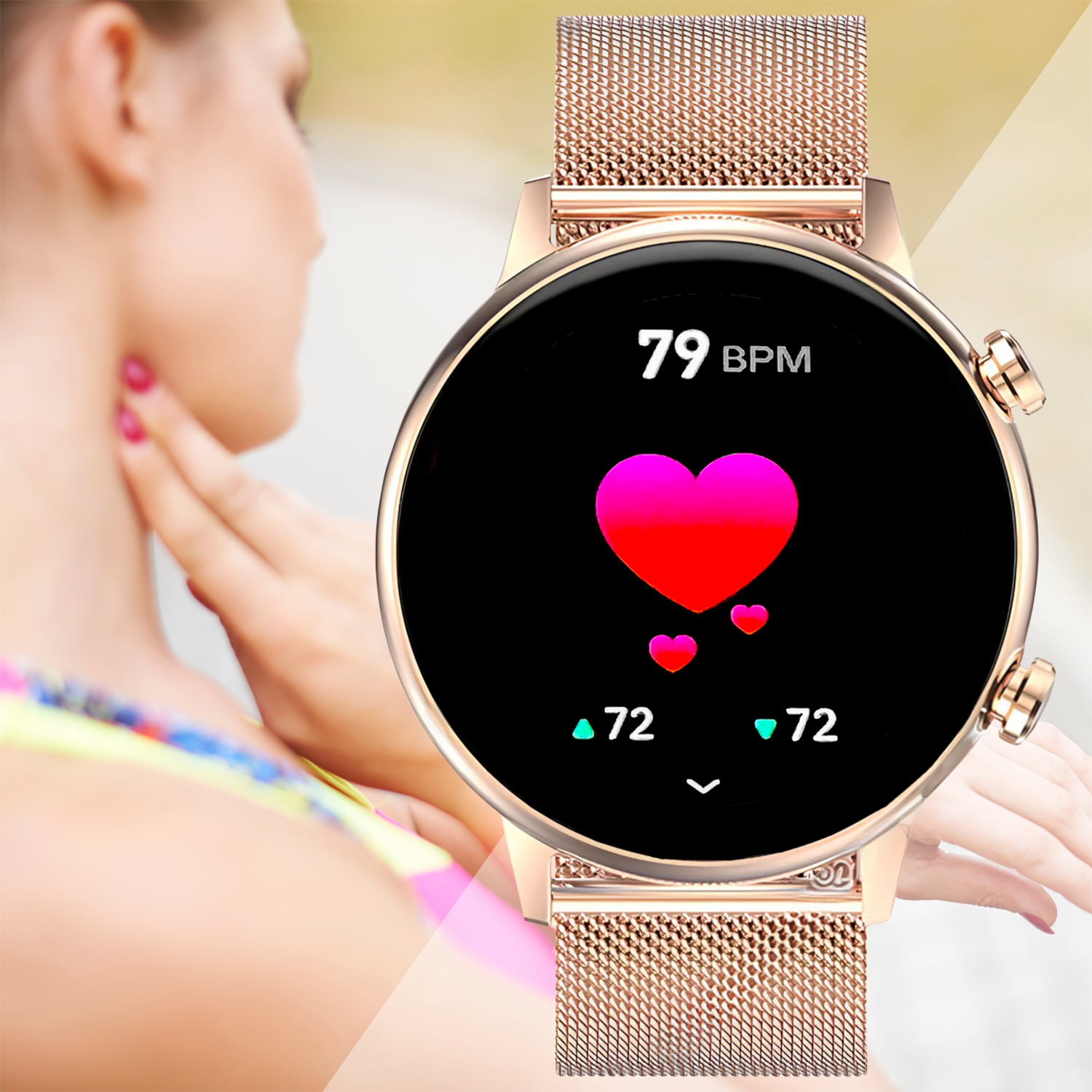 Funkcja pomiaru pulsu w smartwatchu damskim Enter Lady na bransolecie mesh w kolorze różowego złota