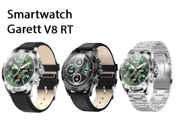 Smartwatch Garett V8 RT w kolorze czarnym, idealny dla mężczyzn, z nowoczesnymi funkcjami.