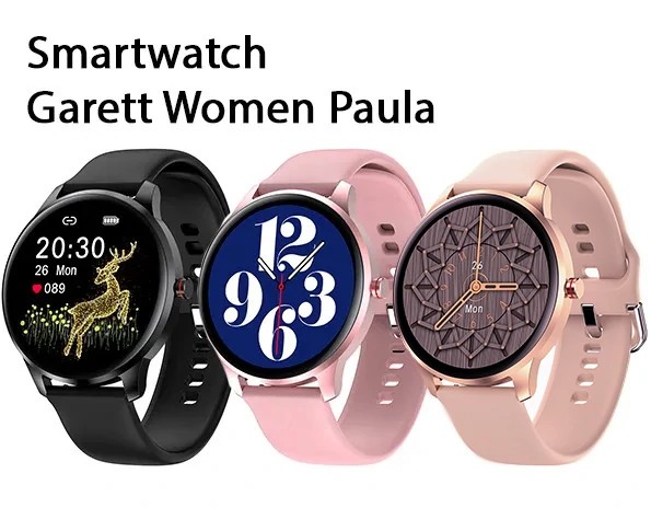 Złoty smartwatch Garett Lady Olivia RT dla kobiet, elegancki design i nowoczesne funkcje.
