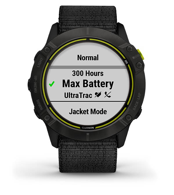 Zegarek sportowy marki Garmin na czarnym pasku, wyświetlający opcje baterii: normalny, Max Battery, UltraTrac.