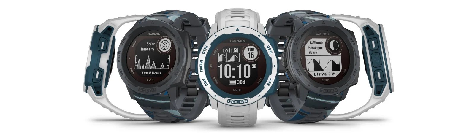 Zegarek Garmin Instinct Solar Surf Edition Cloudbreak w kolorze niebieskim, idealny dla miłośników sportów wodnych.