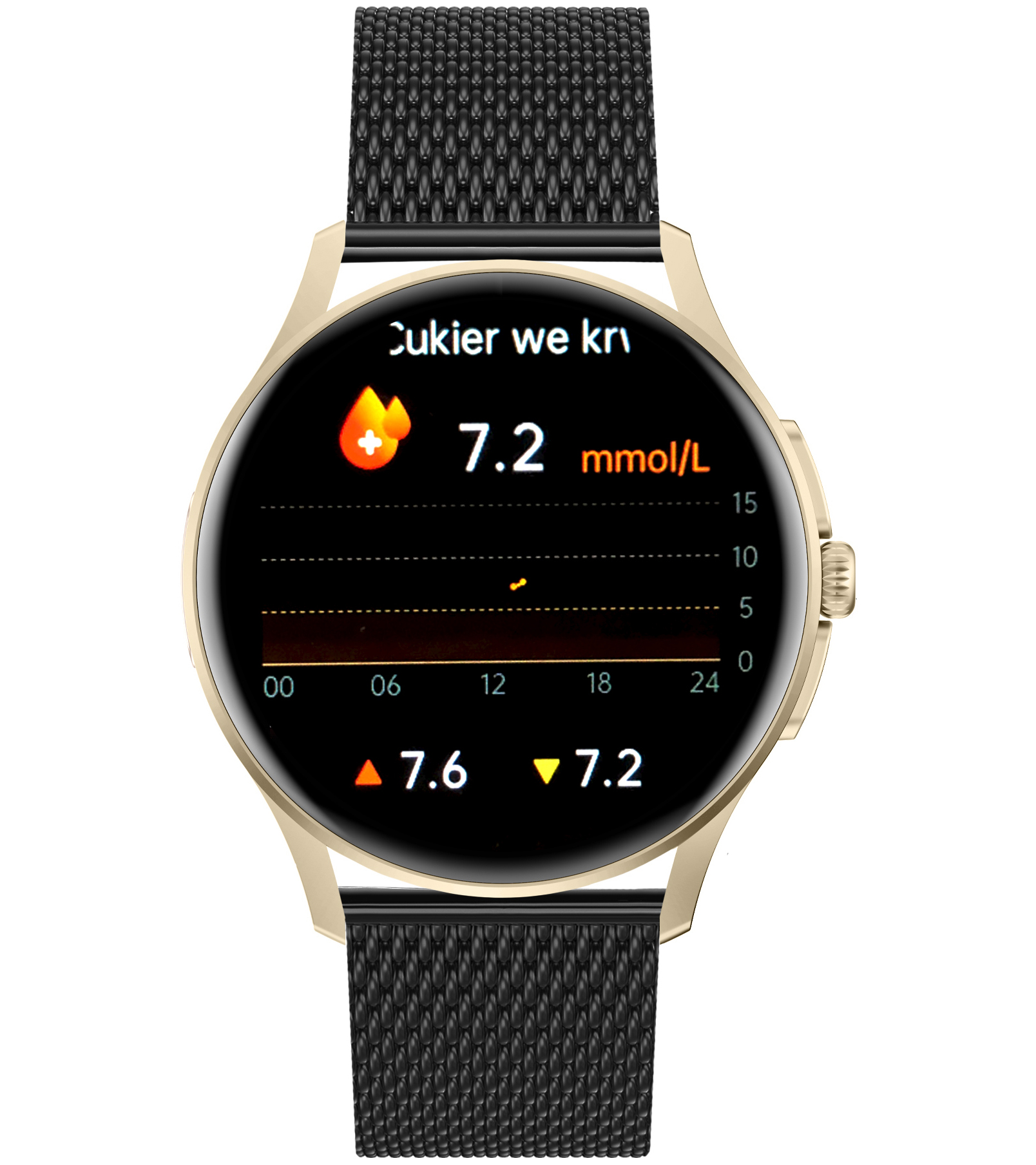 Zegarek Enter Candice na czarnej bransolecie mesh z wyświetlaczem pokazującym poziom cukru we krwi 7.2 mmol/L