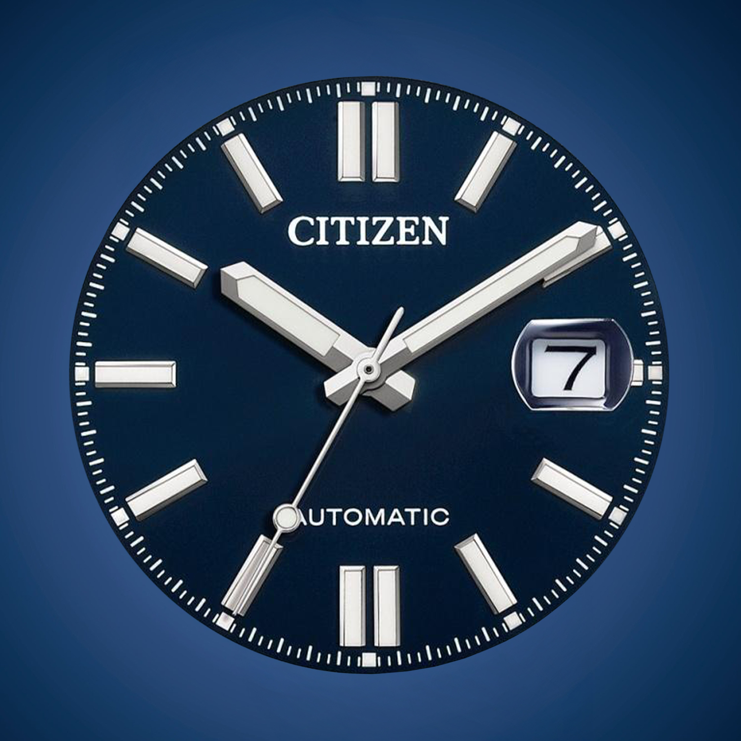 Granatowa tarcza zegarka Citizen Tsuyosa Shore Automatic z datownikiem