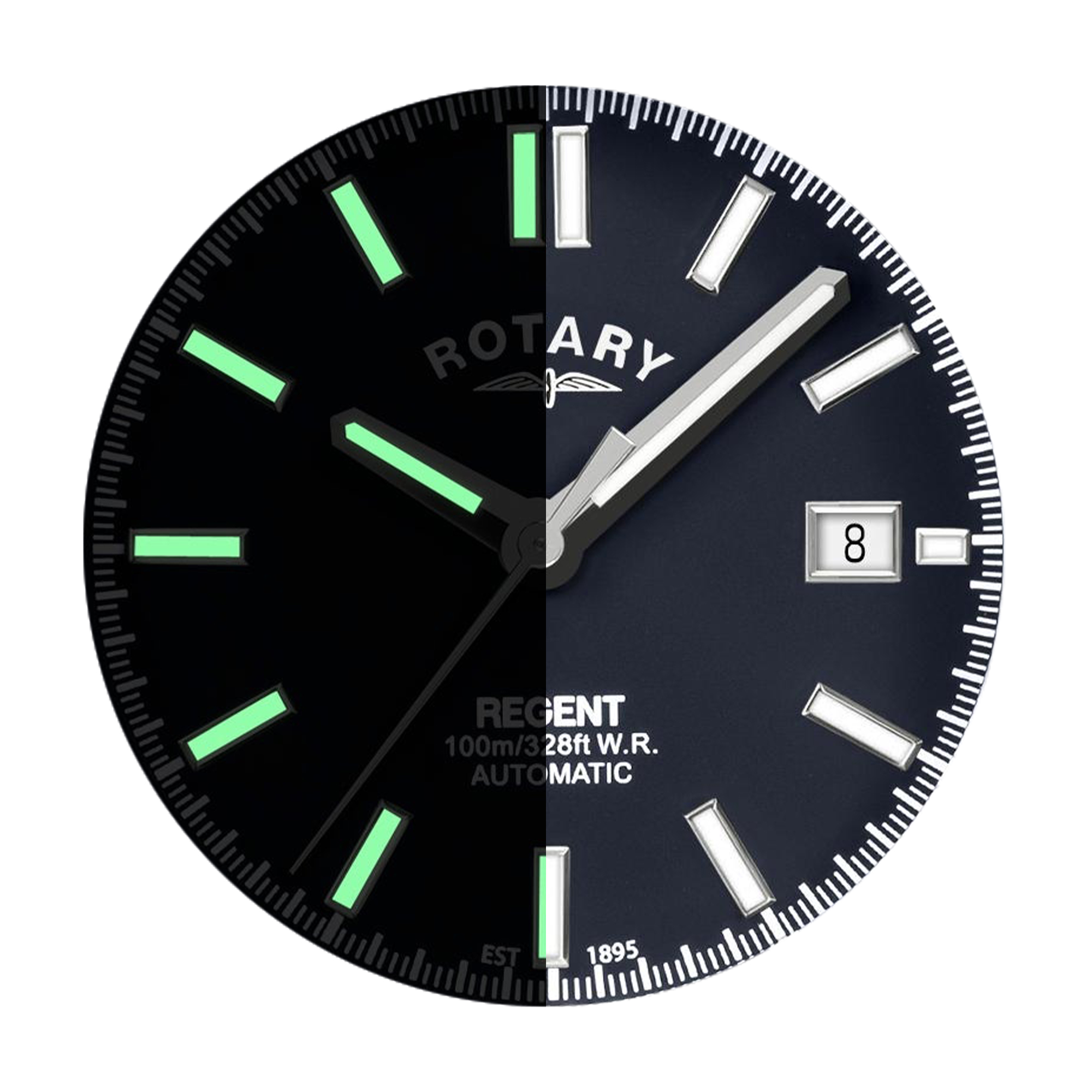 Niebieska tarcza zegarka Rotary Regent Automatic GB05410/05 z nakładanymi indeksami luminescencyjnymi i datownikiem przy godzinie 3