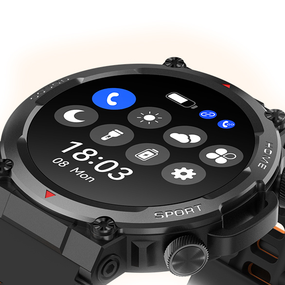 Cyfrowy smartwatch HAGEN HC65 o okrągłym wyświetlaczu z ikonami aplikacji i cyfrowym czasem.