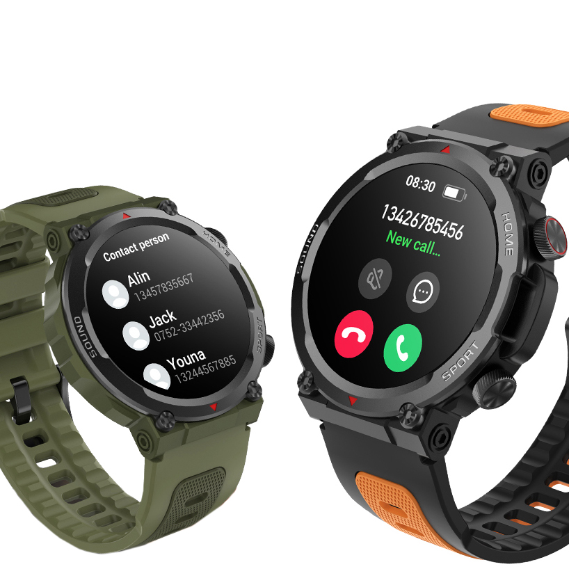 Zdjęcie dwóch modeli smartwatchy HAGEN HC65: jeden w zielonym kolorze, drugi czarny z czerwonymi akcentami. Na ekranach wyświetlane połączenia
