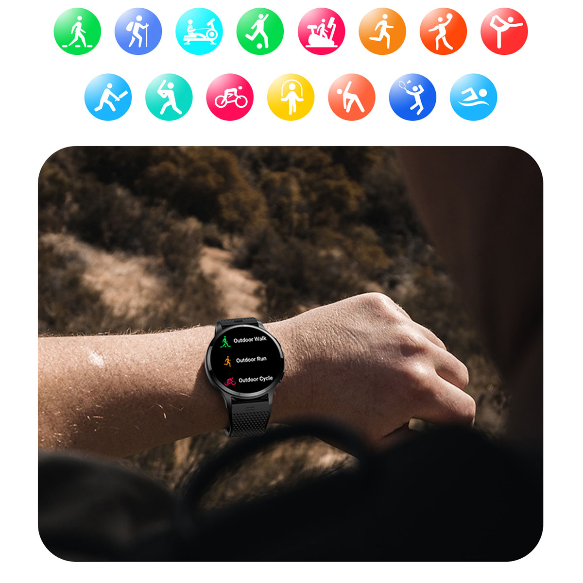 Zdjęcie osoby patrzącej na smartwatch Hagen HC70 na swoim nadgarstku podczas spaceru po przyrodzie.