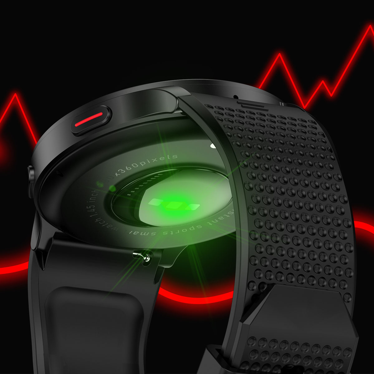 Czarny smartwatch na ciemnym tle, z zielonym światłem i czerwonymi liniami pulsującymi w tle.