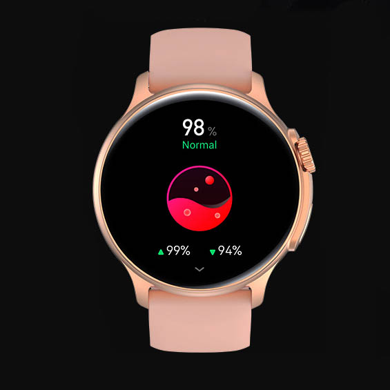 Nowoczesny różowy smartwatch Hagen HC54 monitorujący tętno i saturację tlenu na czarnym tle.