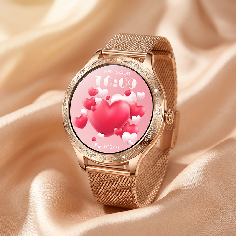 Biżuteryjny smartwatch Hagen z wieloma funkcjami i różowo-złotą bransoletą mesh