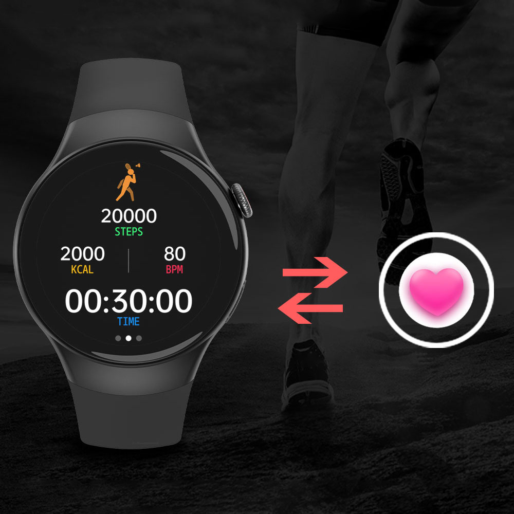 Inteligentny zegarek Hagen HC21 z funkcjami fitness i noga biegacza w tle.