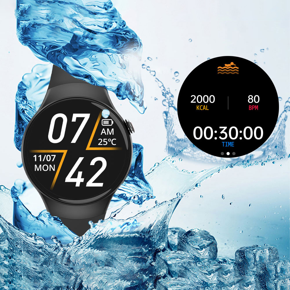 Smartwatch Hagen HC21 z wyświetlonym czasem i danymi fitness otoczony przez wodę.