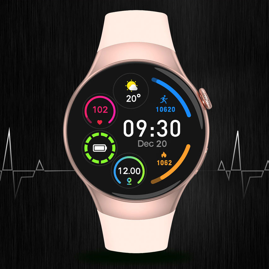 Zegarek smartwatch Hagen HC21 na tle deszczu, wyświetla czas, datę, pogodę i kroki.