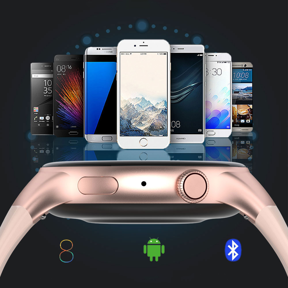 Różne modele smartfonów ułożone w półkole nad inteligentnym zegarkiem Hagen HC21, symbole Android i Bluetooth poniżej.