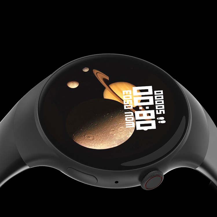 Czarny smartwatch Hagen HC21 z kosmiczną tarczą zegara: planety i księżyce na tle gwiazd.