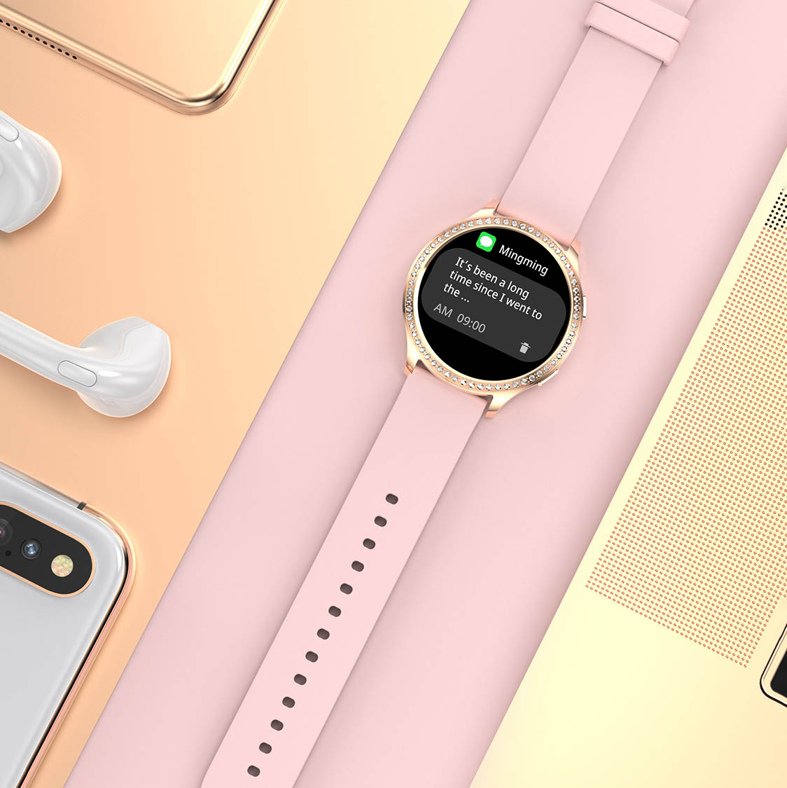 Stylowy różowy smartwatch Hagen HC74 z cyrkoniami na tarczy, leżący obok białych bezprzewodowych słuchawek i złotego smartfona, na pastelowym różowo pasku.