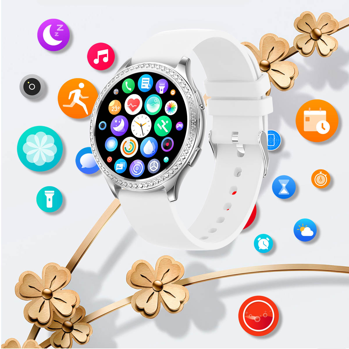 Elegancki biały smartwatch Hagen HC74 z kryształkami, otoczony ikonami aplikacji na białym tle z drewnianymi ozdobami w kształcie kwiatów.