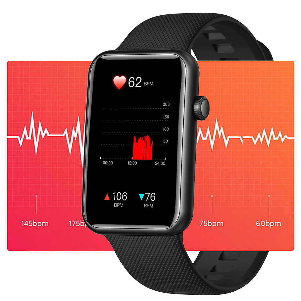 Czarny smartwatch z wyświetlonym pomiarem tętna na czerwonym tle z wykresami pulsometru.
