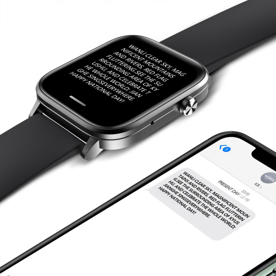 Czarny smartwatch Hagen HC89 i smartfon  na smartwatchu widoczne powiadomienie, smartfon z otwartą aplikacją do komunikacji.