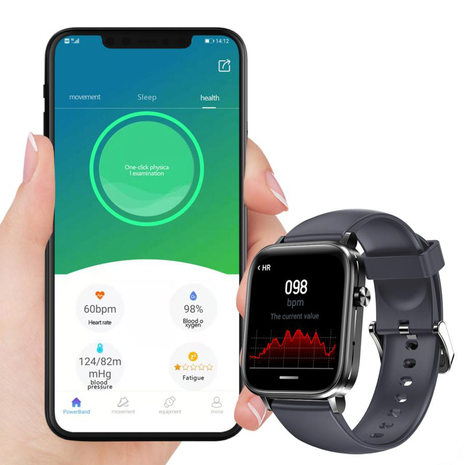 Telefon komórkowy i smartwatch Hagen HC89 prezentujące aplikacje zdrowotne z pomiarami tętna i ciśnienia krwi.
