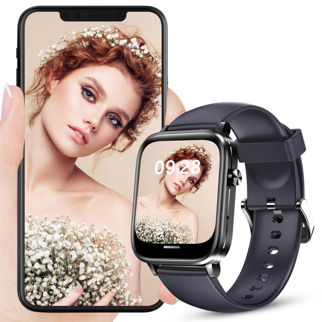 Kobieta trzymająca bukiet białych kwiatów, jej zdjęcie wyświetla się także na smartfonie Hagen HC89 i smartwatchu.