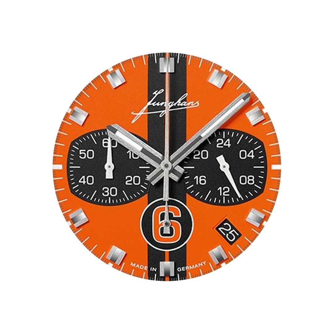 Pomarańczowa tarcza z czarnym podwójnym pasem i licznikami zegarka Junghans 1972 Chronoscope Sports Edition 41/4557.00