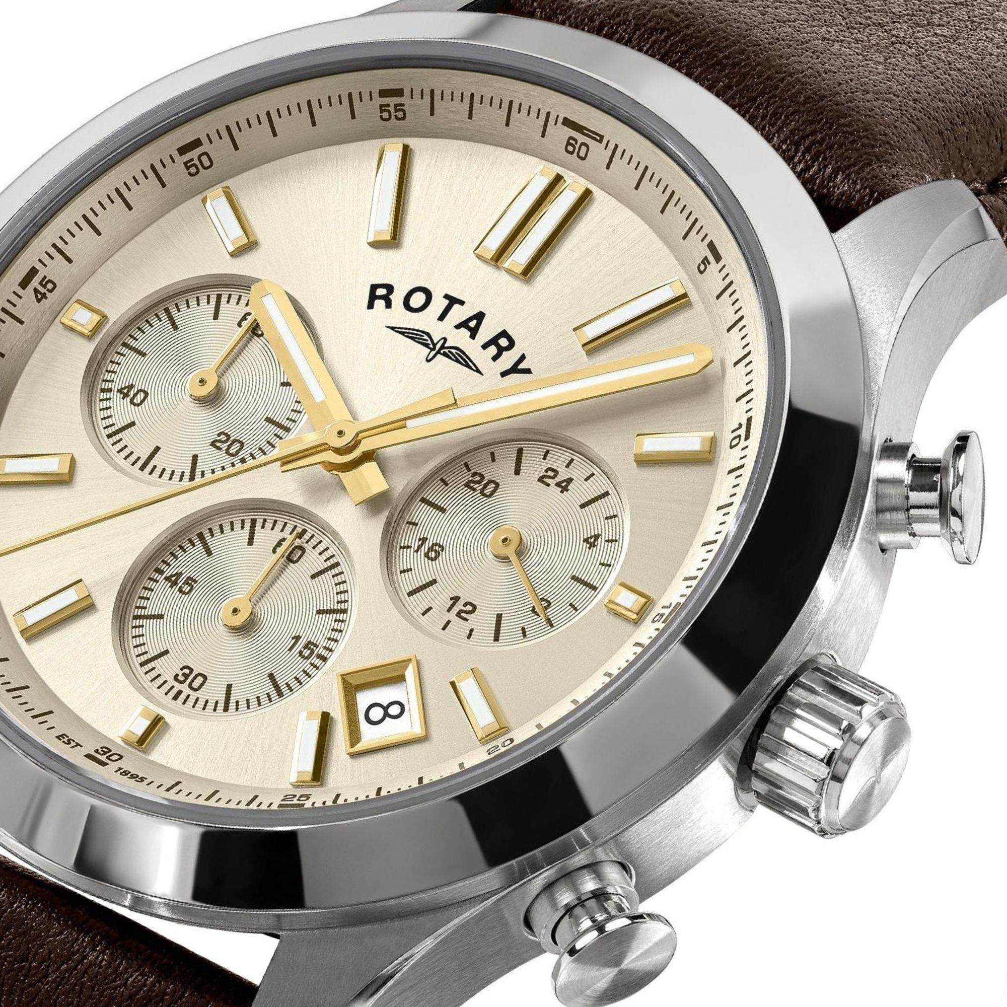 Kremowa tarcza ze szlifem słonecznym zegarka Rotary Heritage Chronograph RGS10071/03