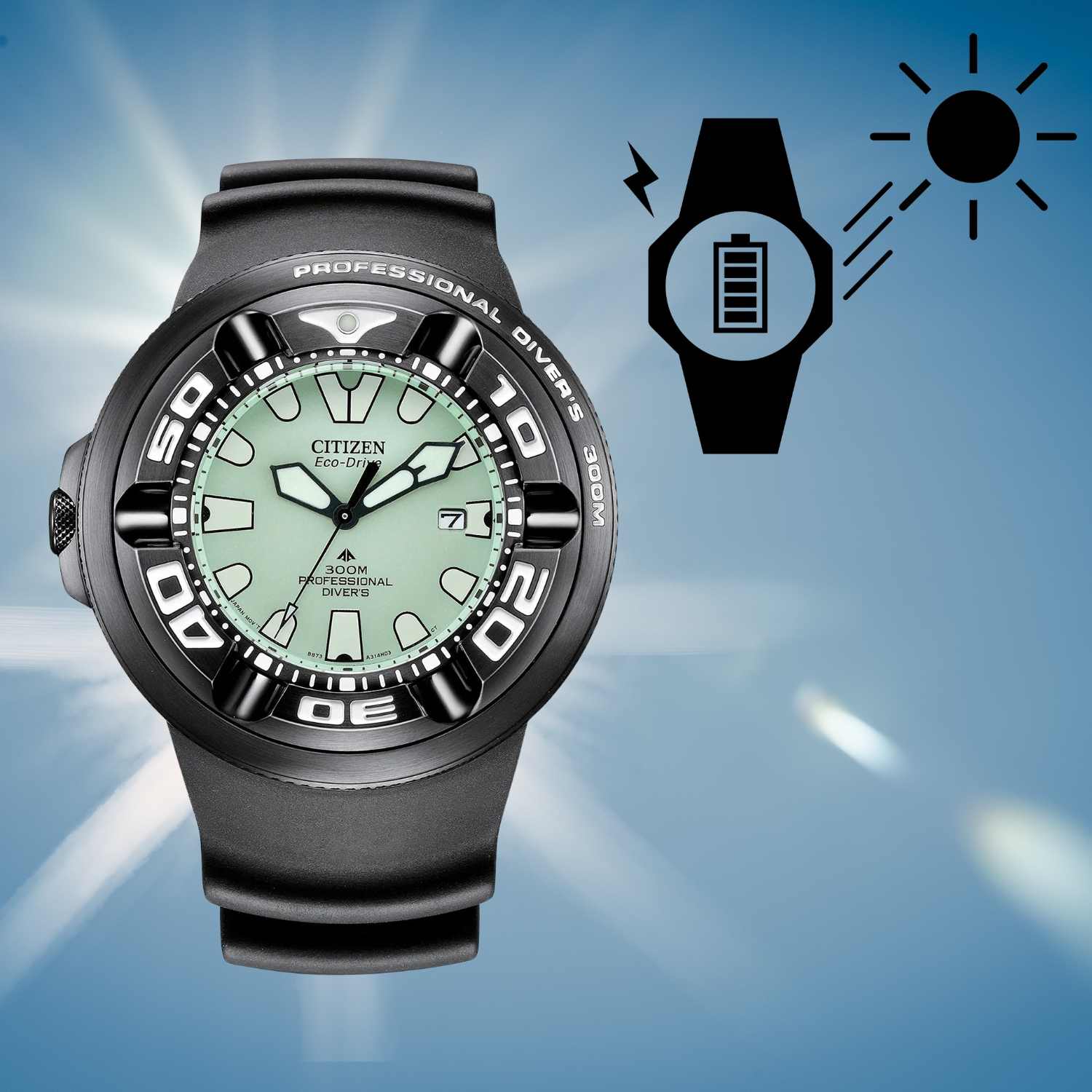 Ładowanie solarne w zegarku Citizen PROMASTER ECO-DRIVE 300M BJ8055-04X 