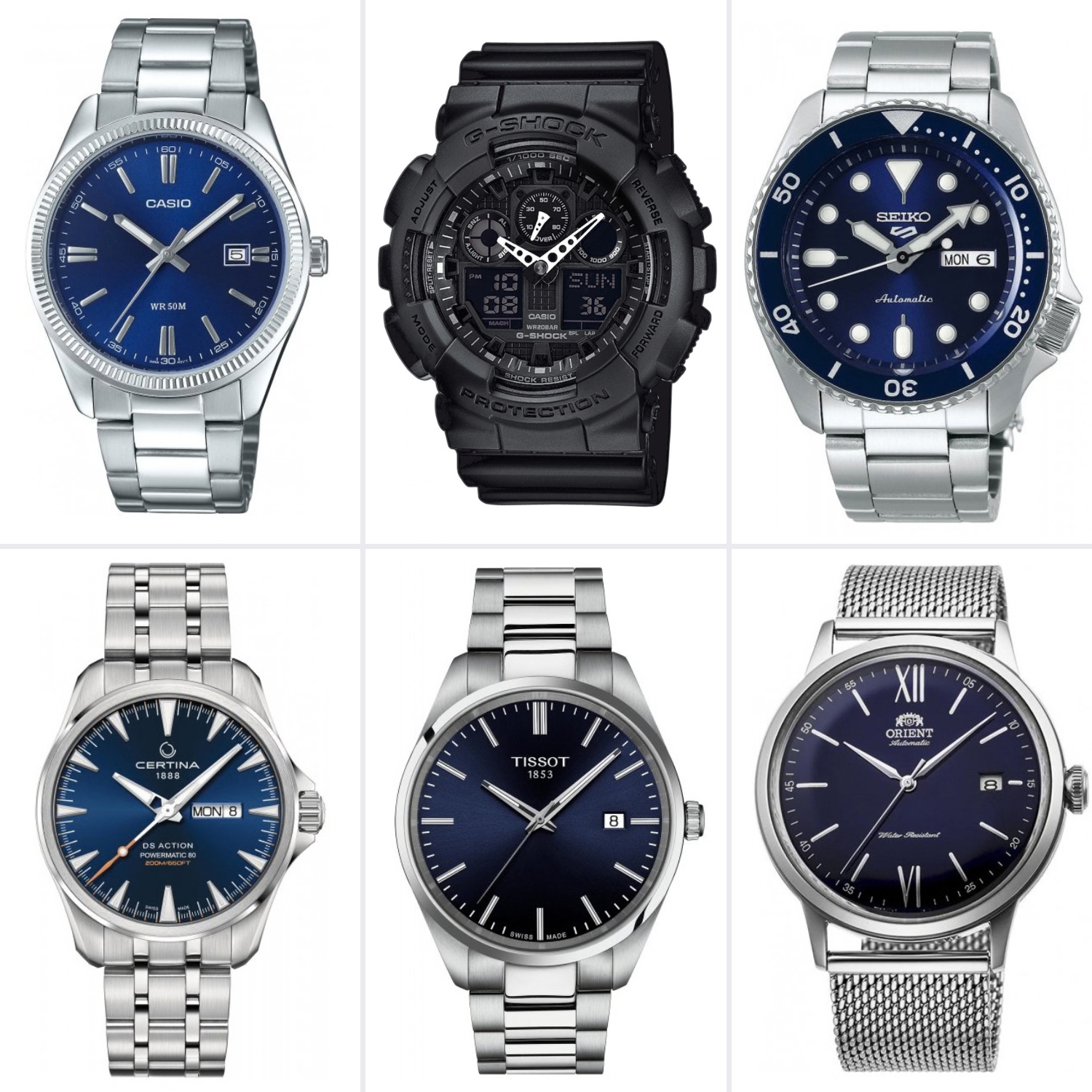 Sześć zegarków męskich różnych marek obok siebie na białym tle: Casio, G-Shock, Seiko, Orient, Tissot i Certina