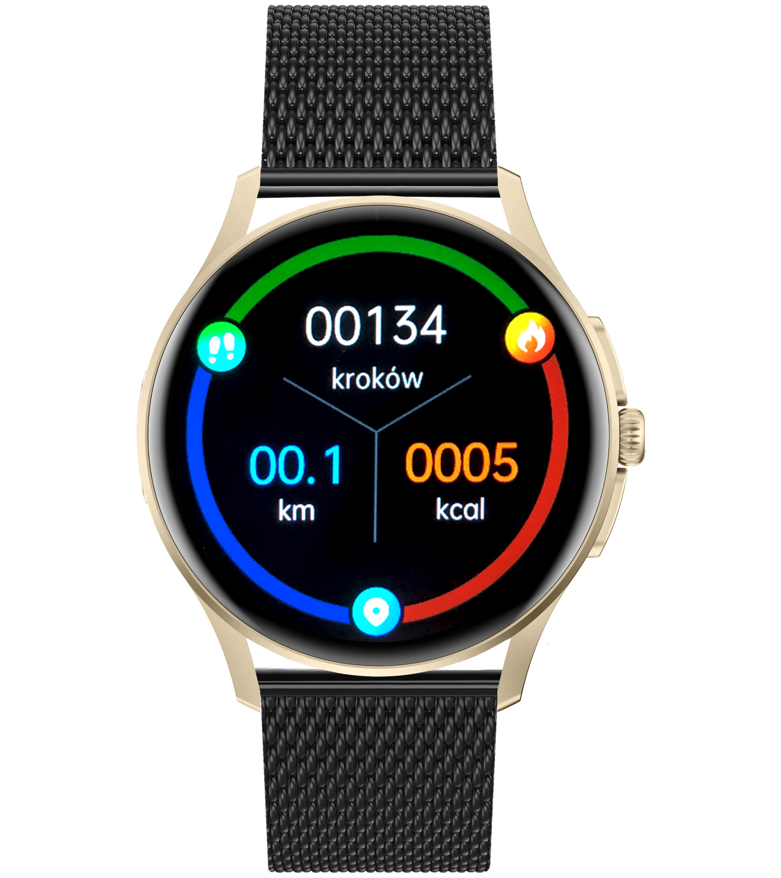 Damski smartwatch Enter Candice na czarnej bransolecie mesh wyświetlający kroki, dystans i spalone kalorie
