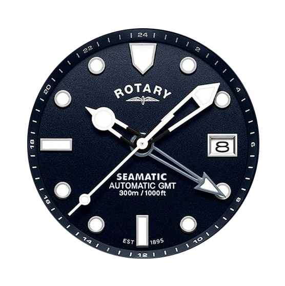 Niebieska tarcza z powłoką luminescencyjną i wskazówką GMT zegarka Rotary Seamatic 300 GMT RGB10005/04