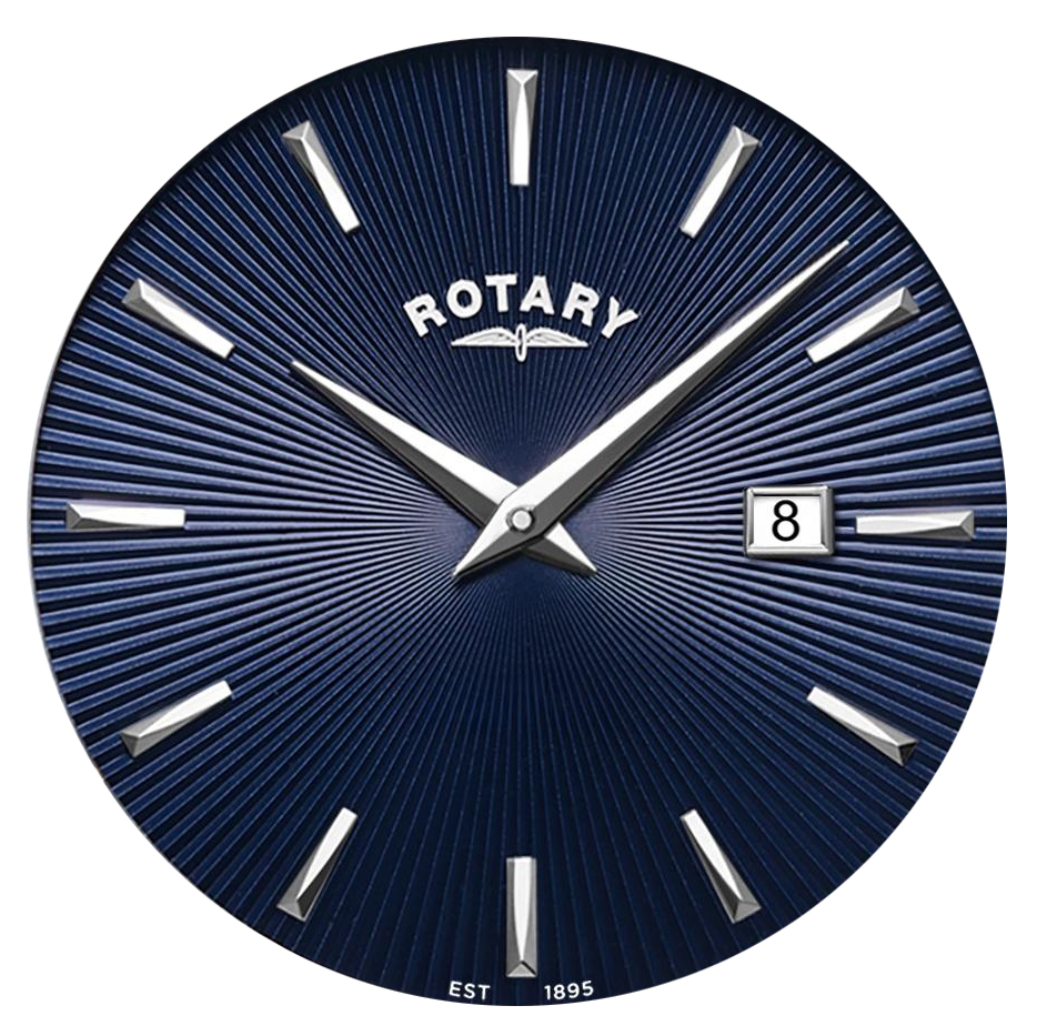 Niebieska tarcza z promienistym wzorem guilloche zegarka Rotary Ultra Slim GB08010/05