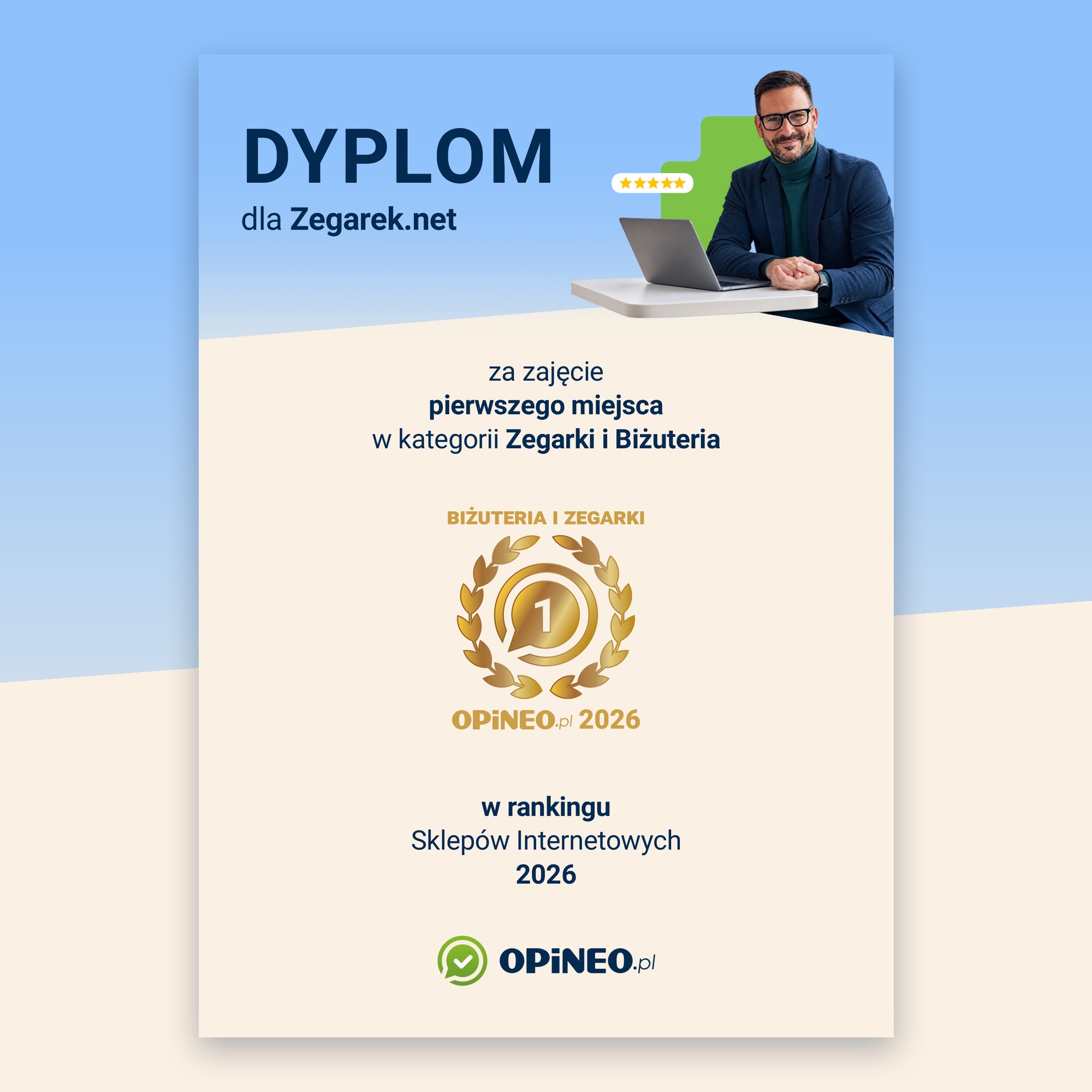 Dyplom Opineo 2026 za 1. miejsce ZEGAREK.NET w kategorii Zegarki i Biżuteria