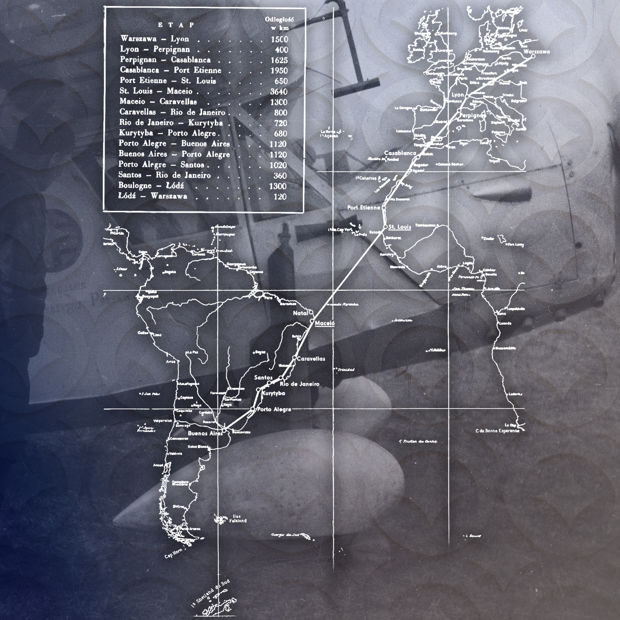 Mapa planu lotu przez Atlantyk kpt. Skarżyńskiego