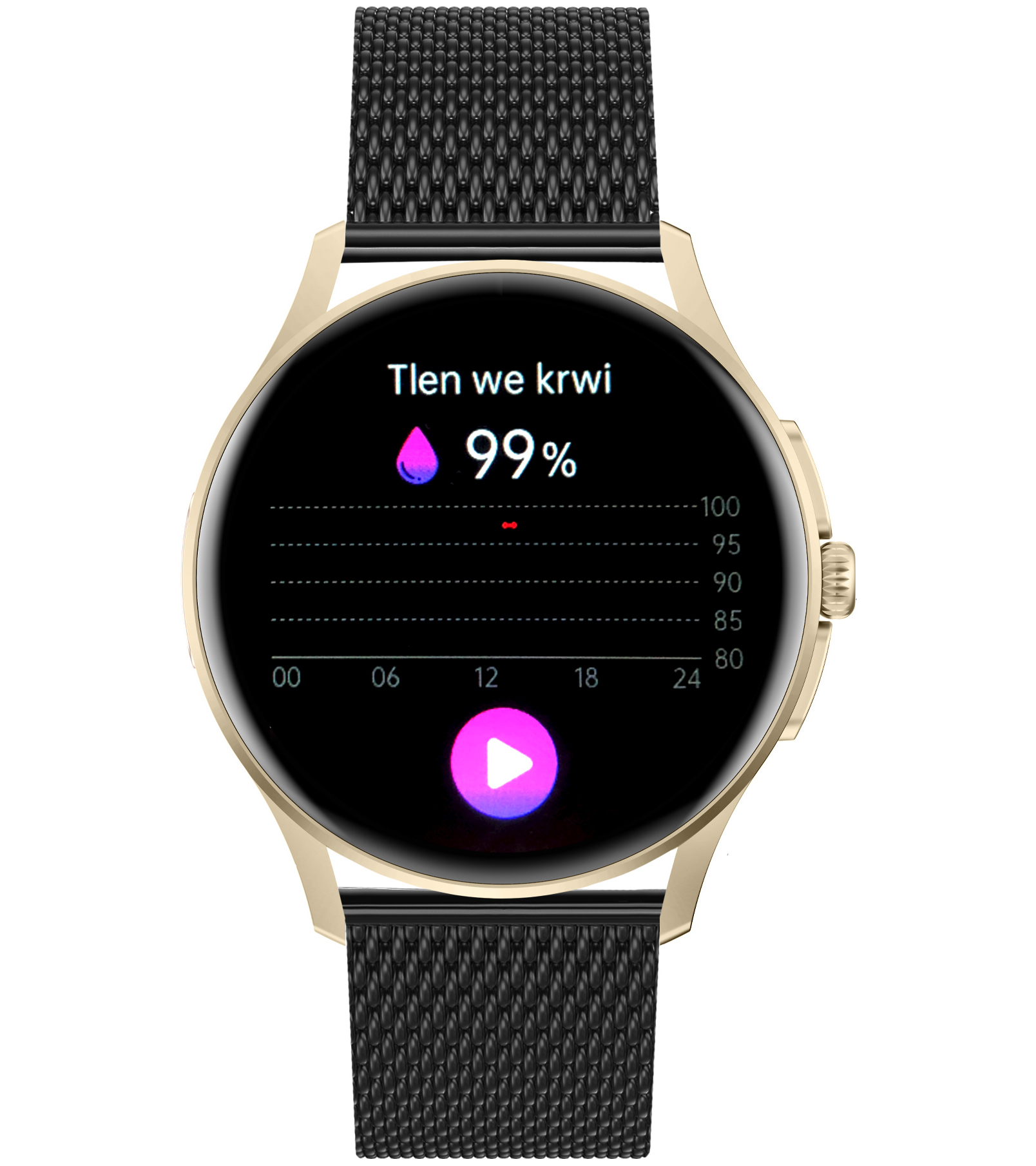 Damski smartwatch Enter Candice na czarnej bransolecie mesh pokazujący poziom tlenu we krwi wynoszący 99%