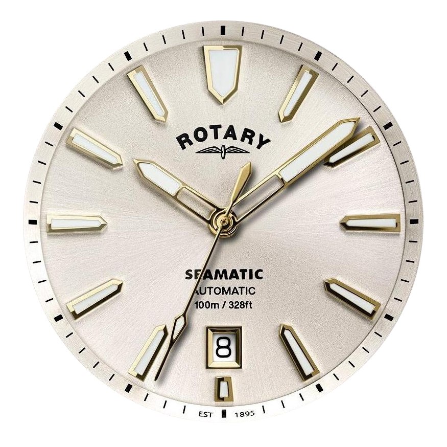 Złota koperta i biała tarcza sunray zegarka Rotary Seamatic 100 RGS10058/70
