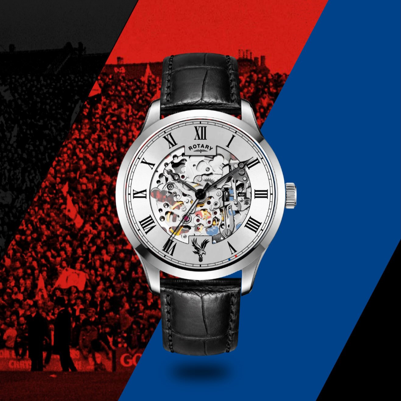 Rotary x Crystal Palace Greenwich Automatic GS02940/06-CPFC - szkieletowa tarcza z herbem klubu na godzinie 6