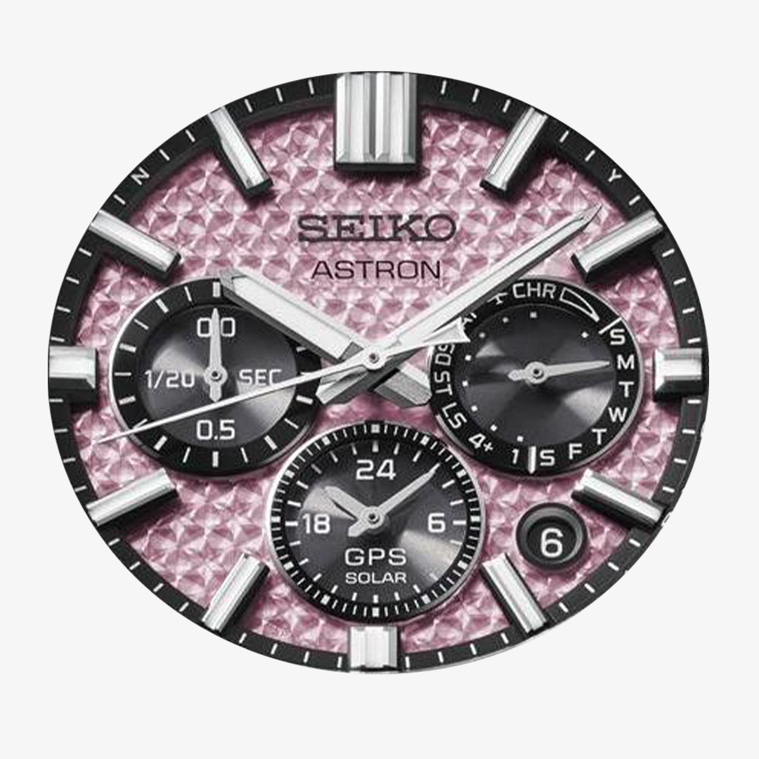 Różowa tarcza zegarka Seiko Astron GPS Solar Dual-Time Chronograph HAB006J1