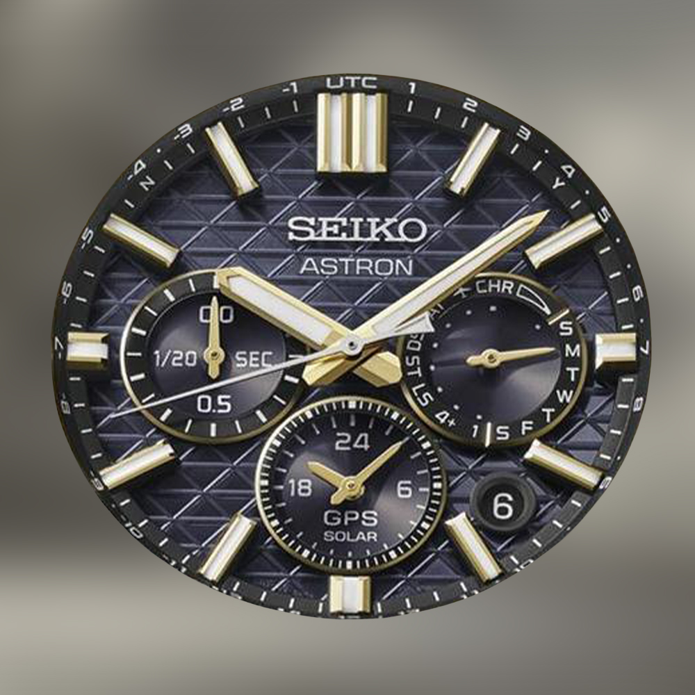 Czarna tarcza z chronografem zegarka Seiko Astron GPS Solar HAB003J1