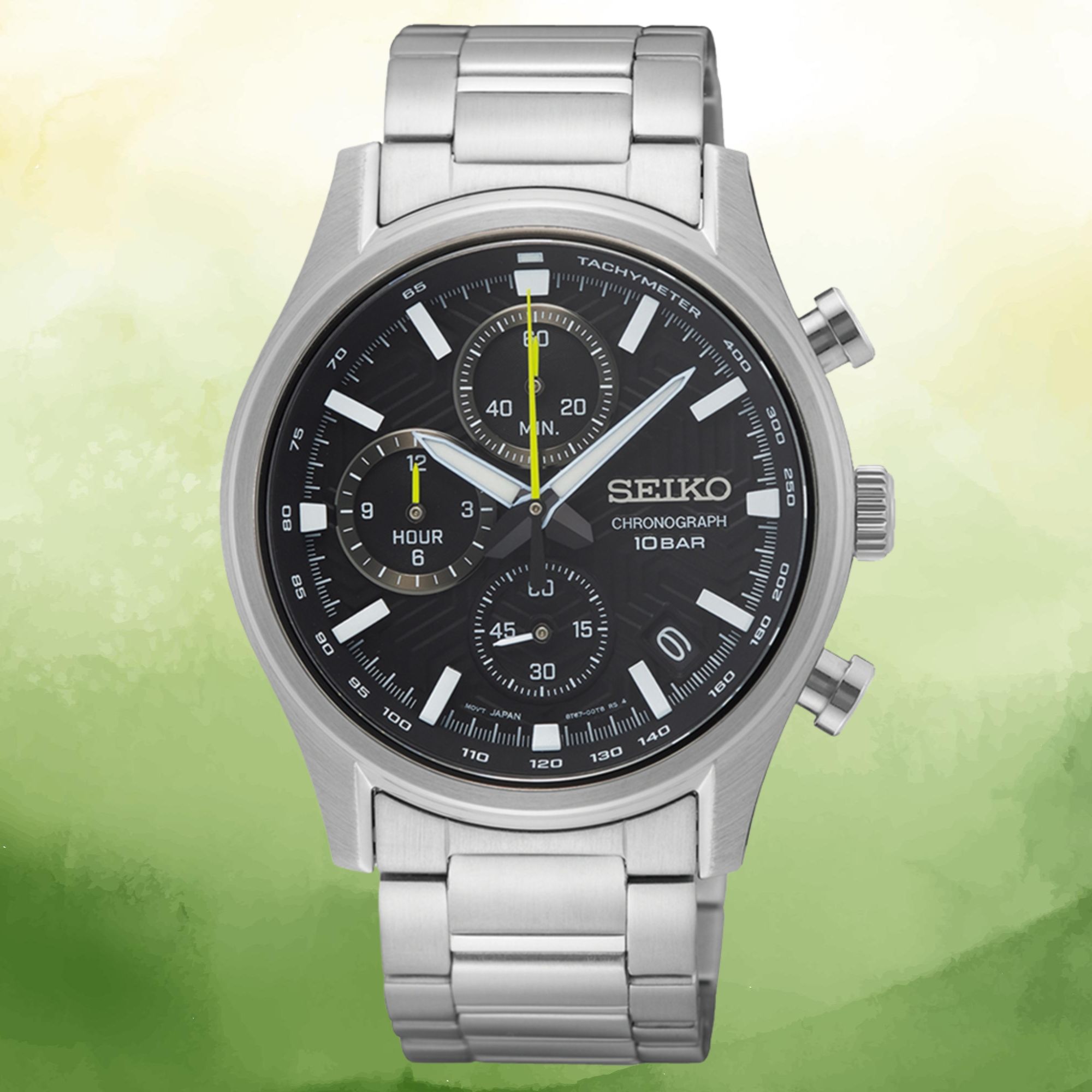 Zegarek Seiko z czarną tarczą z chronografem w stalowej, okrągłej kopercie na stalowej bransolecie