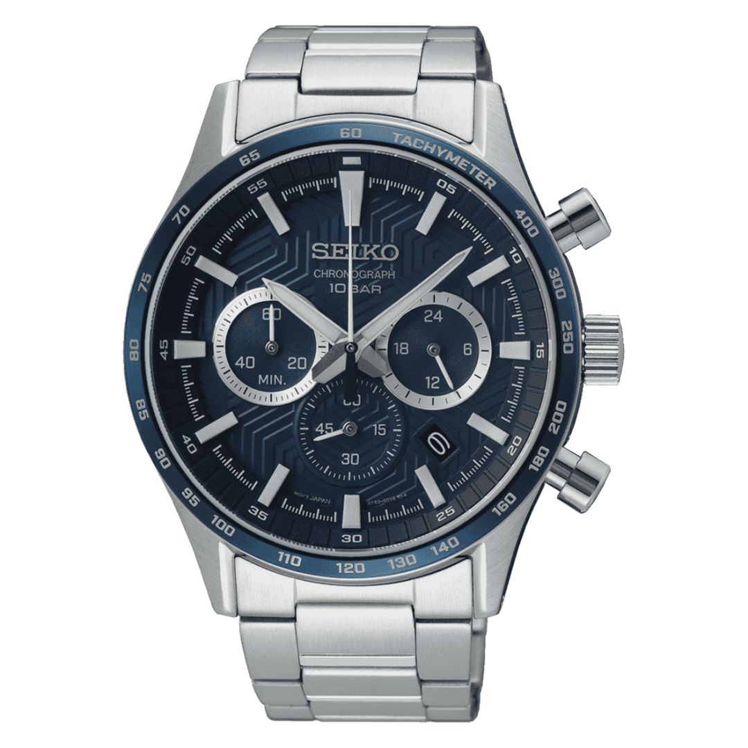Zegarek Seiko z granatową tarczą z geometrycznym wzorem oraz subtarczami chronografu i datownikiem w stalowej kopercie
