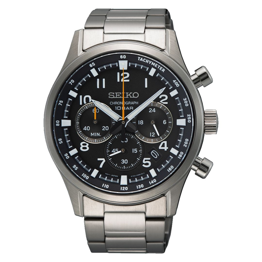Zegarek Seiko z czarną tarczą z subtarczami chronografu oraz datownikiem w stalowej kopercie na stalowej bransolecie
