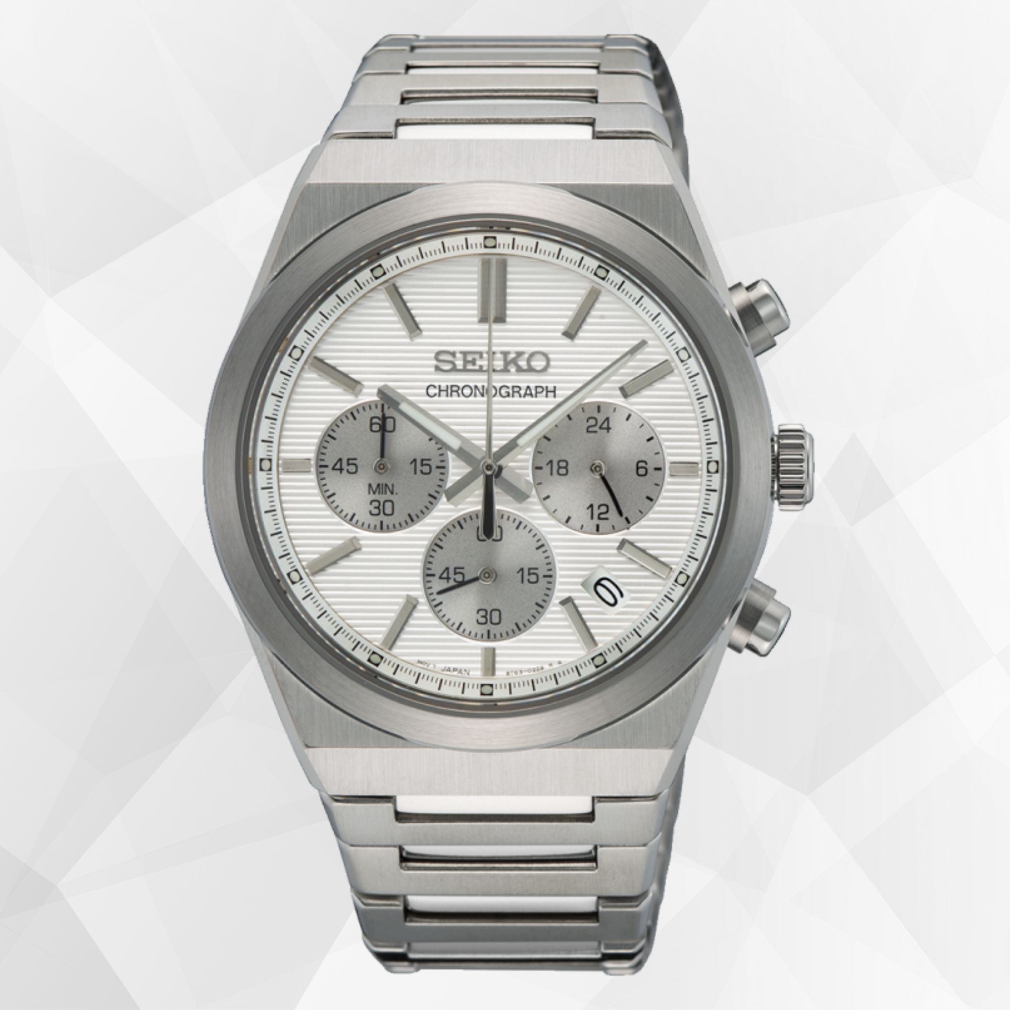 Zegarek Seiko z białą tarczą subtarczami chronografu w stalowej kopercie na stalowej bransolecie