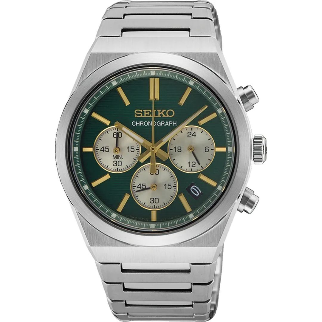 Zegarek Seiko z zieloną tarczą z subtarczami chronografu oraz złotymi indeksami i wskazówkami w stalowej kopercie