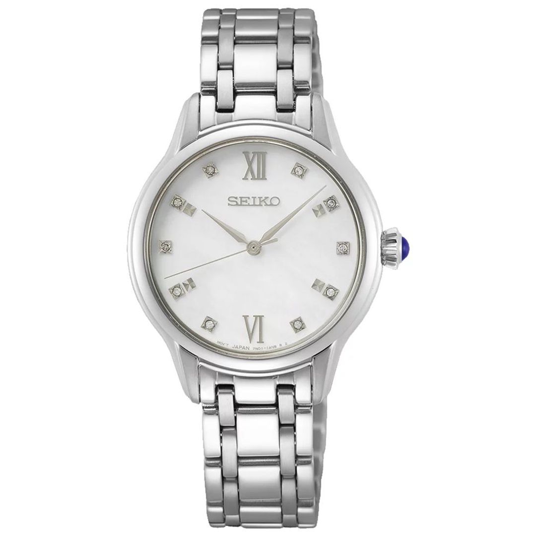 Zegarek Seiko z jasną tarczą z diamentowymi indeksami w okrągłej, stalowej kopercie na stalowej bransolecie