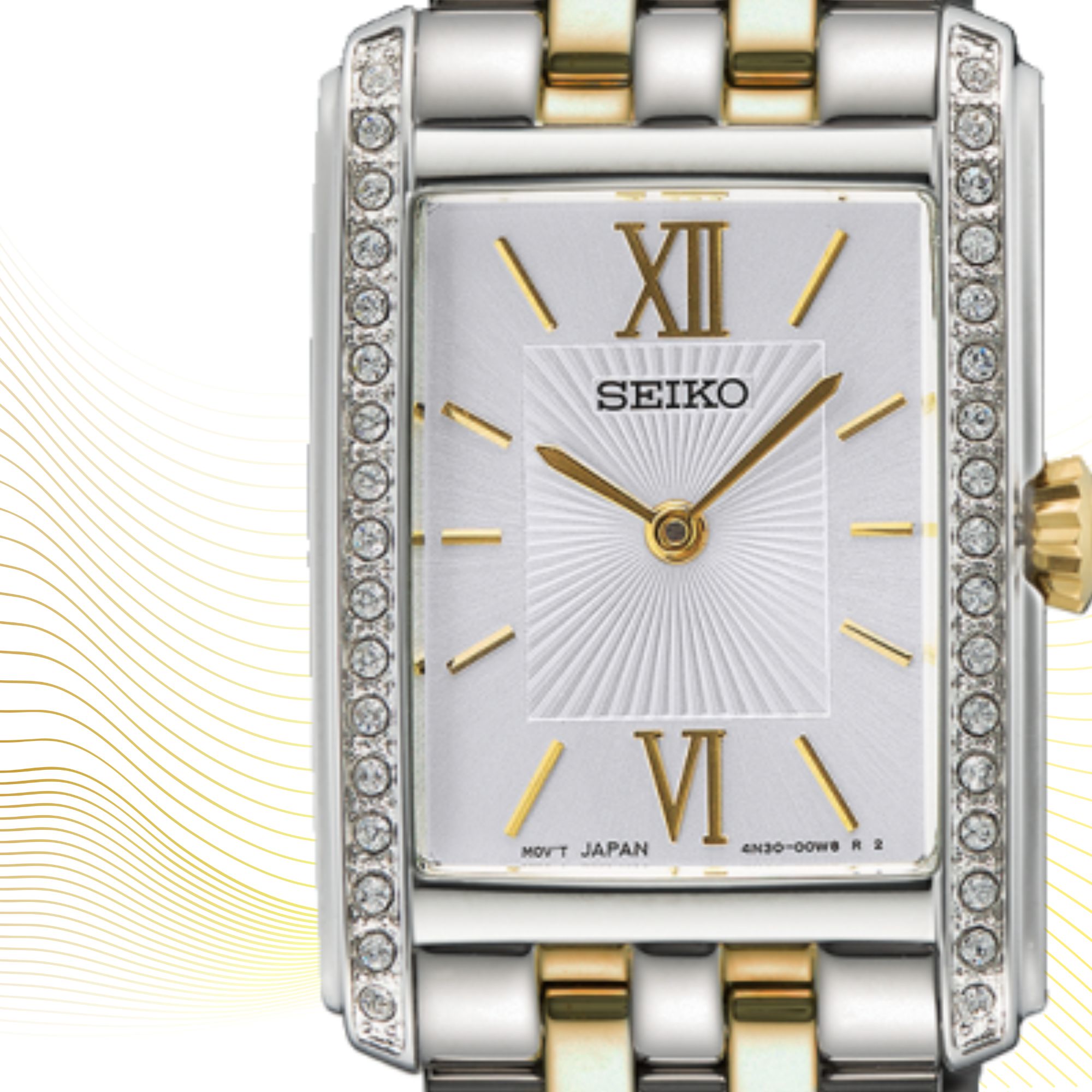 Zegarek Seiko ze srebrną tarczą o promienistym szlifie oraz złotych indeksach i wskazówkach w prostokątnej kopercie