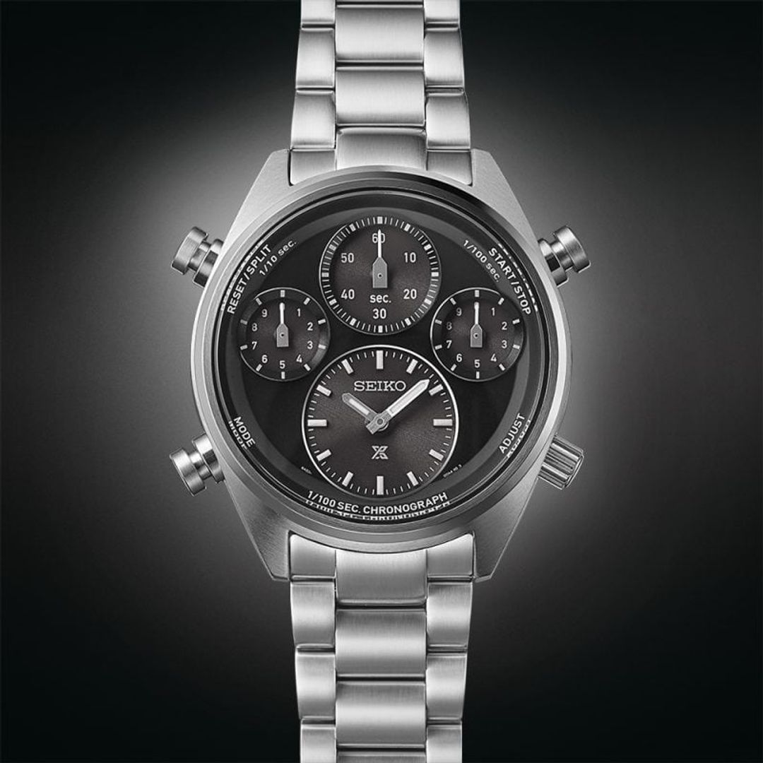 Zegarek Seiko z czarną tarczą z czarnymi subtarczami chronografu w zaokrąglonej kopercie ze stali