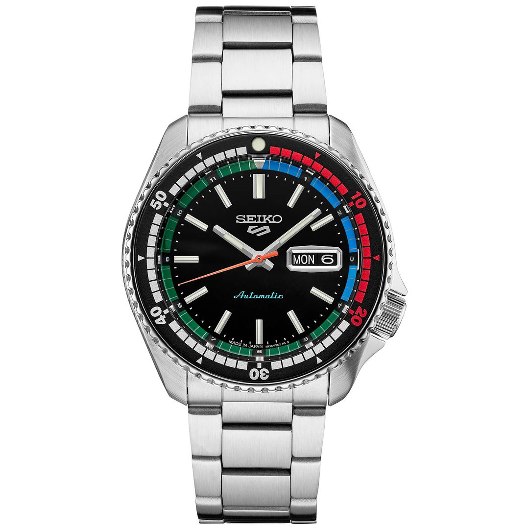 Zegarek Seiko z czarną tarczą z datownikiem w zaokrąglonej kopercie ze stali na stalowej bransolecie
