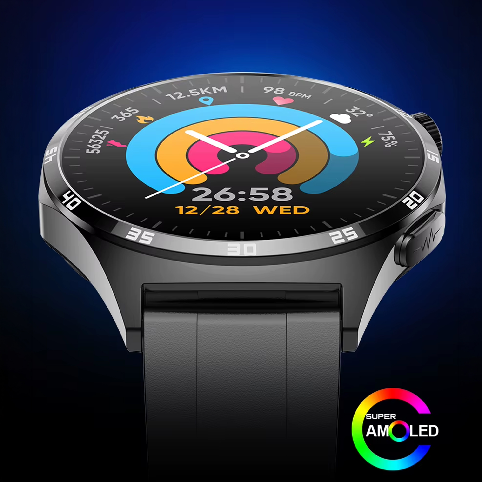 Smartwatch Hagen z ekranem amoled, który intensywnie wyświetla informacje na tarczy.